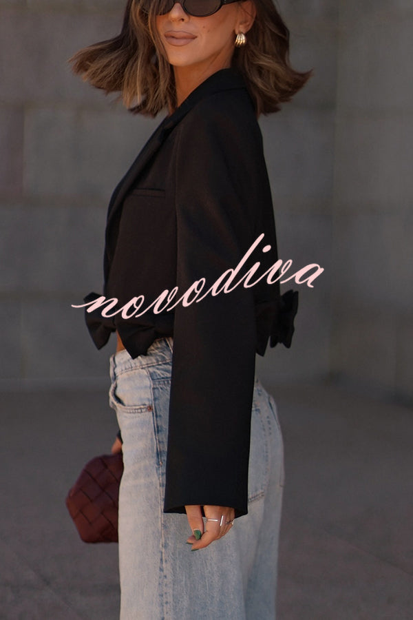 So Chic Bow Trim Long Sleeve Lapel Crop Blazer