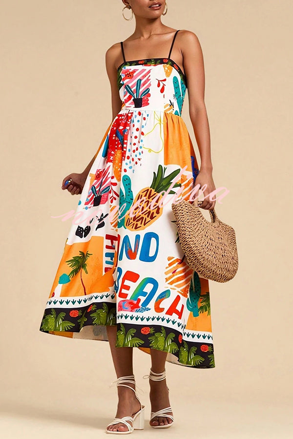 Unique Printed Sling Back Pleated Holiday Midi Dress