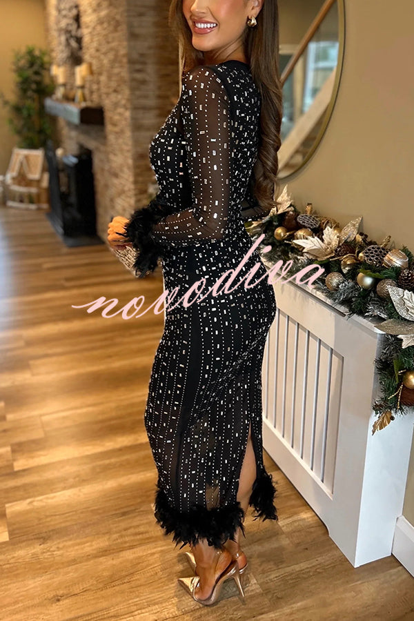 Sexy Long Sleeve Round Neck Feather Edge Rhinestone Decoration Slim Fit Maxi Dress