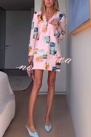 Coastal Cove Linen Blend Unique Print Tie-up Neck Long Sleeve Loose Mini Dress