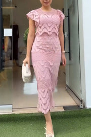 Elouise Wave Dot Embroidery Lace Back Tie-up Top and Elastic Waist Maxi Skirt Set