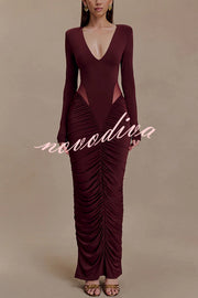 Sexy See-through Long-sleeved V-neck Pleated Slim-fit Maxi Dress