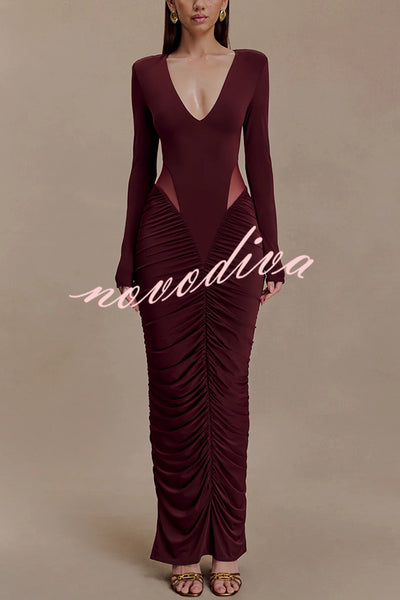 Sexy See-through Long-sleeved V-neck Pleated Slim-fit Maxi Dress