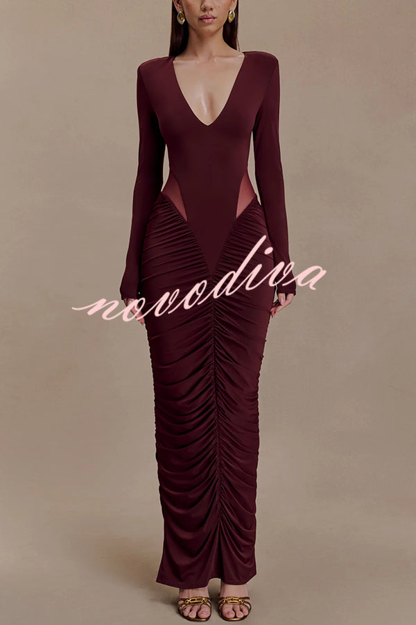 Sexy See-through Long-sleeved V-neck Pleated Slim-fit Maxi Dress