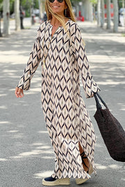 Unique Printed Long Sleeve V-neck Loose Maxi Dress