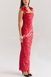 Holiday Intimacy Embroidered Floral Lace Bow Shoulder Straps Slit Maxi Dress