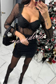 Gaze Mesh Glitter Fabric Sweetheart Neck Long Sleeve Stretch Mini Dress