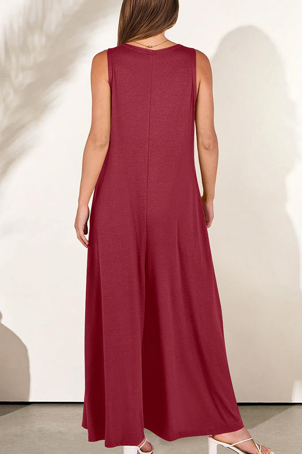 Solid Color V-neck Sleeveless Loose Pocket Wide-leg Jumpsuit