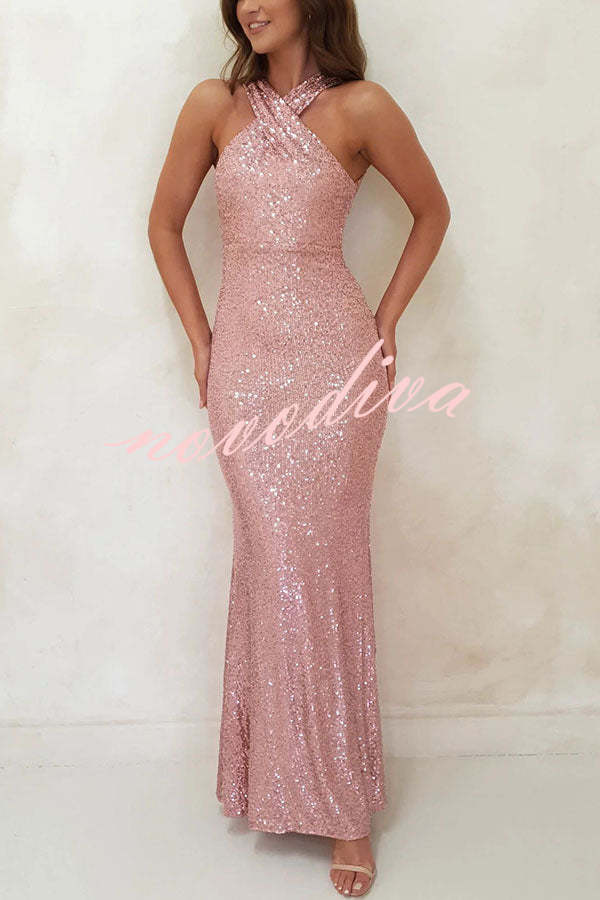 Time To Sparkle Sequin Cross Halter Neck Backless Maxi Dress