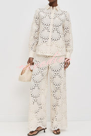 Lillah Embroidered Lace Shell Pattern Long Sleeve Loose Blouse