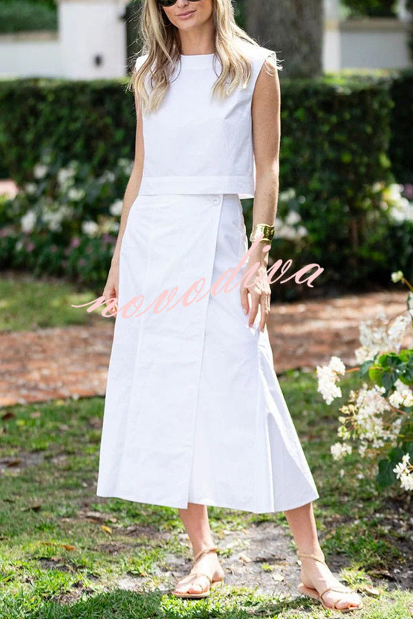 Linen Blend Crew Neck Sleeveless Crop Top and Buttoned Slit Midi Skirt Set