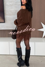 Comfy and Sweet Knit Lace Patchwork Hem Wide Neck Long Sleeve Loose Sweater