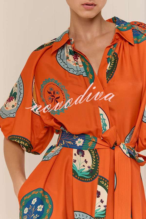 Linen Blend Unique Print Lapel Loose Tie Cardigan Maxi Dress
