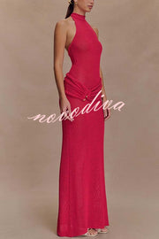 Quiet Confidence Knit Ruched Hip Halter Backless Stretch Maxi Dress