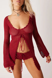 Elegant Knitted Cutout V Neck Lace Up Long Sleeves Cover Ups