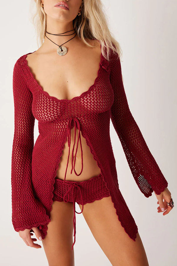 Elegant Knitted Cutout V Neck Lace Up Long Sleeves Cover Ups