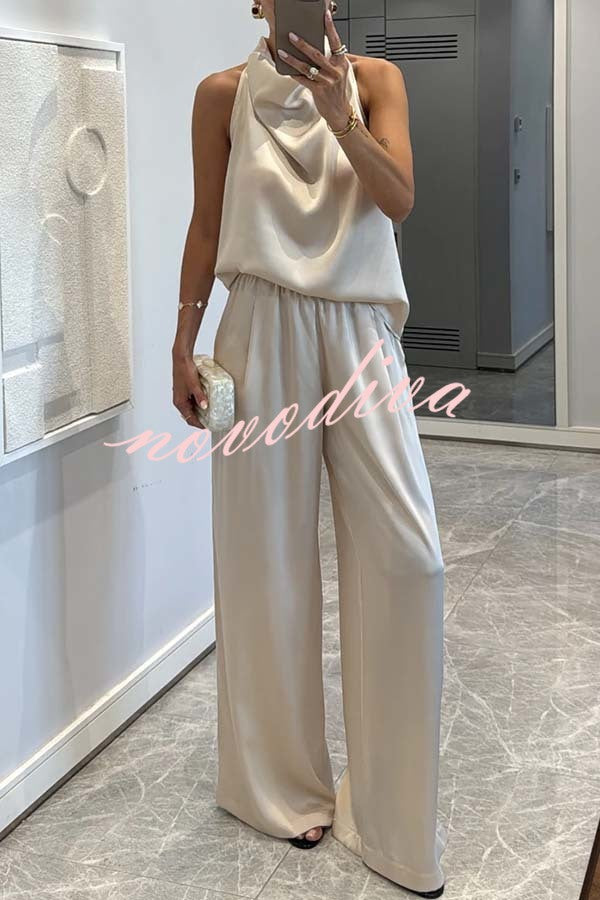Classic on You Satin High Cowl Neck Top and Elastic Waist Pocket Loose Pants Set