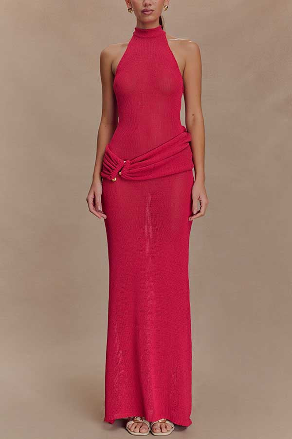 Quiet Confidence Knit Ruched Hip Halter Backless Stretch Maxi Dress
