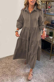 Solid Color Lapel Elastic Cuffs Loose Maxi Dress