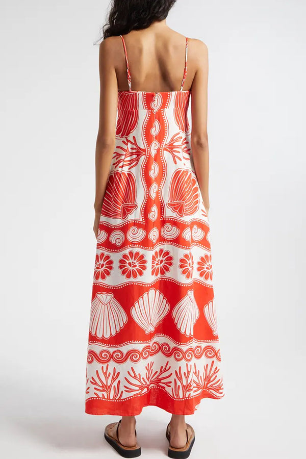 Beautiful Shell Unique Print Front Lace-up Loose  Maxi Dress