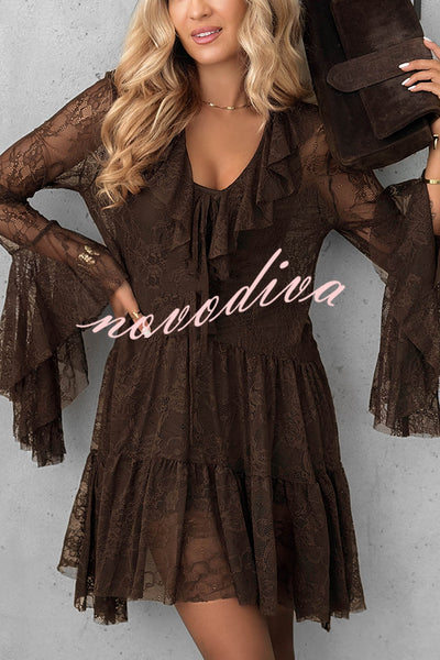 Feeling Lighthearted Lace Ruffle Neck Bell Sleeve Layered Hem A-line Mini Dress