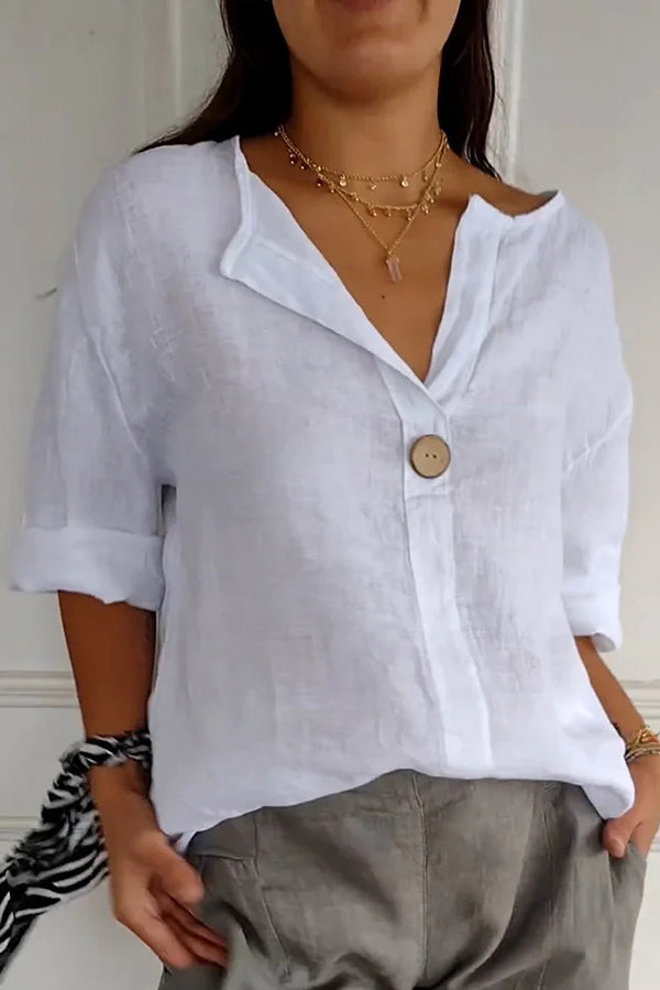 Solid Color Casual Button V-neck Loose Top