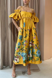 Sweetest Marigold Print Gathered Sleeve Pocketed A-line Midi Dress