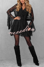 Feeling Lighthearted Lace Ruffle Neck Bell Sleeve Layered Hem A-line Mini Dress