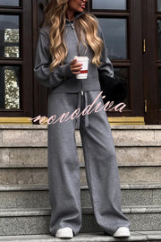 Effortlessly Stylish Ribbed Zipper High Neck Sweatshirt and Elastic Waist Pocketed Loose Pants Set