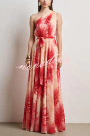 Floral Print One Shoulder Waist Tie Full Hem Resort Style Maxi Dress