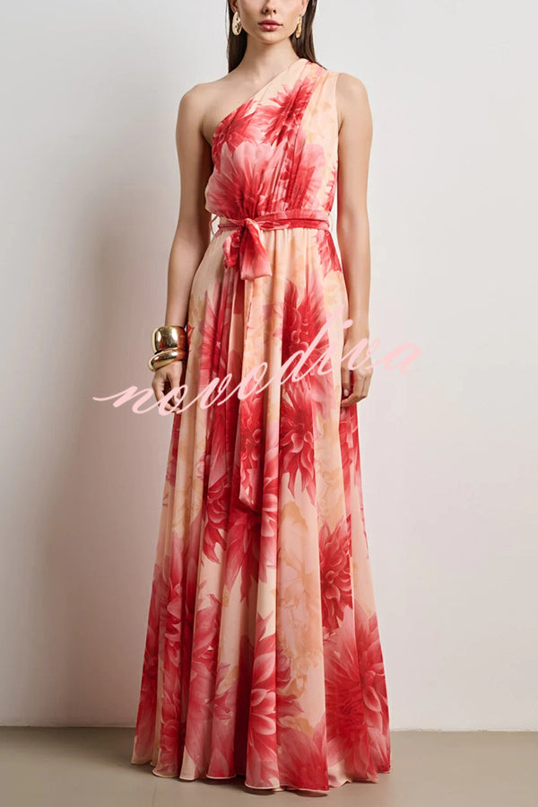 Floral Print One Shoulder Waist Tie Full Hem Resort Style Maxi Dress