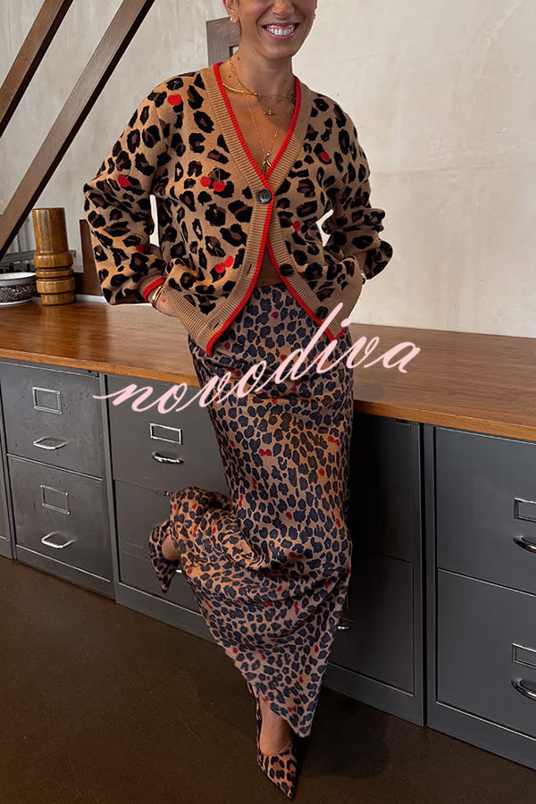 Perfect for Winter Leopard Cherry Print Knitted Button Long Sleeve Loose Cardigan