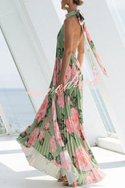 Opera Pleated Floral Halter Asymmetric Hem A-line Maxi Dress