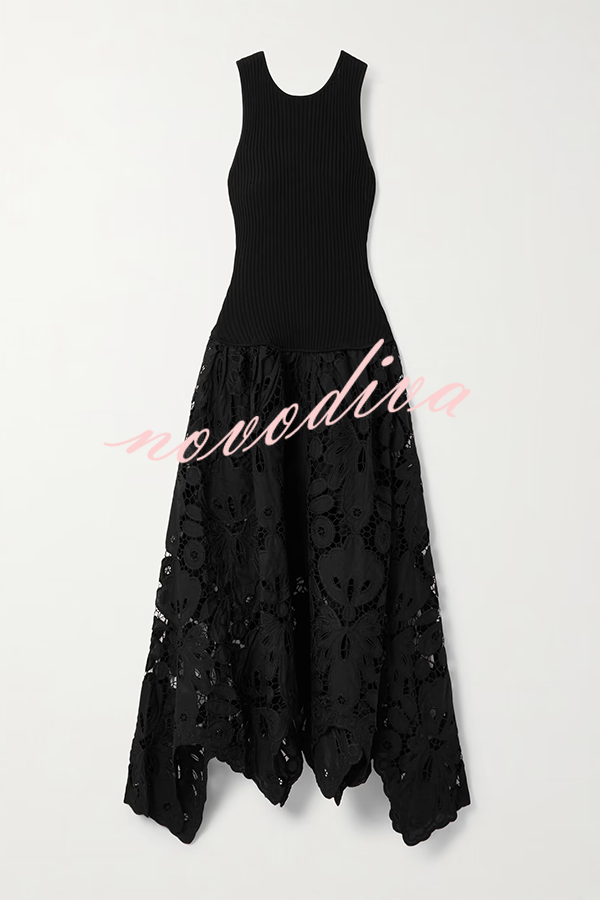 Atlas Asymmetric Ribbed-knit and Guipure Lace Back Zipper Midi Dress