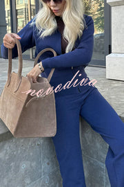 Cozycore Knit Zipper Long Sleeve Cardigan and Stretch Wide Leg Pants Set