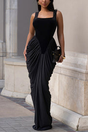 Fashionable Velvet Patchwork Square Neck Sleeveless Draped Maxi Dress