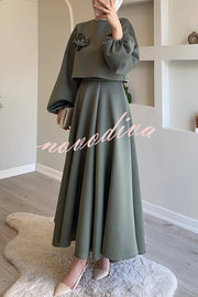 Solid Color Flower-embellished Lantern Sleeve Loose Top and Casual Maxi Skirt Set