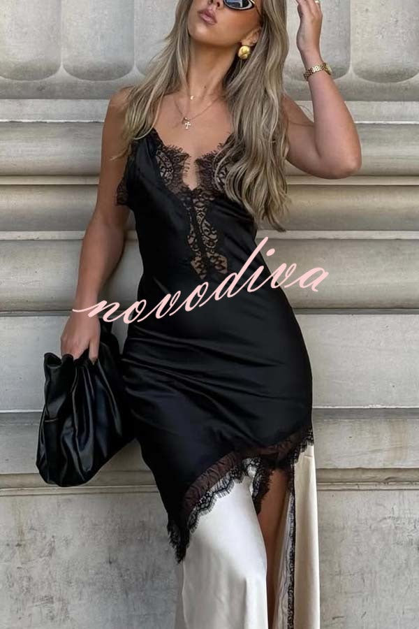 Soft and Romantic Satin Lace Trim Colorblock V-neck Side Slit Maxi Dress