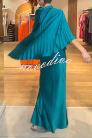 Lily Satin Solid Color Pleated Loose Cape and Elegant Maxi Skirt Set