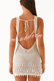 Fashion Knit Hollow Beaded Tassel Embellished Sleeveless Slim Mini Dress
