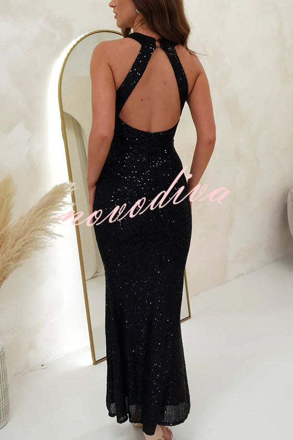 Time To Sparkle Sequin Cross Halter Neck Backless Maxi Dress