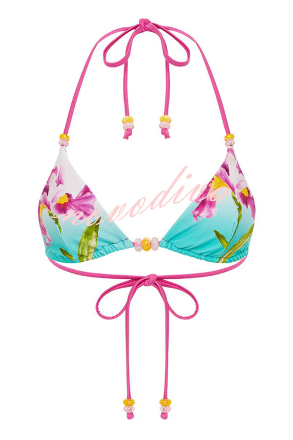 Floral Print Sexy Beaded Lace-Up Stretch Two-Piece Bikini Swimsuit