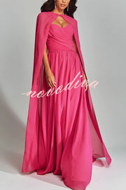 Romantic Party Chiffon Off Shoulder Sweetheart Neck Ruched Cape Maxi Dress