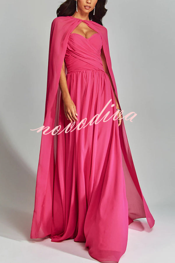 Romantic Party Chiffon Off Shoulder Sweetheart Neck Ruched Cape Maxi Dress