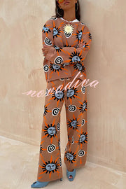 Mediterranean Art Knit Unique Sun Vortex Print Long Sleeve Relaxed Sweater
