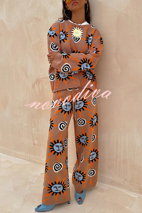 Mediterranean Art Knit Unique Sun Vortex Print Long Sleeve Relaxed Sweater