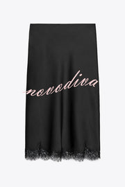 Dolly Satin Lace Trim Mid Rise Slit Drape Midi Skirt