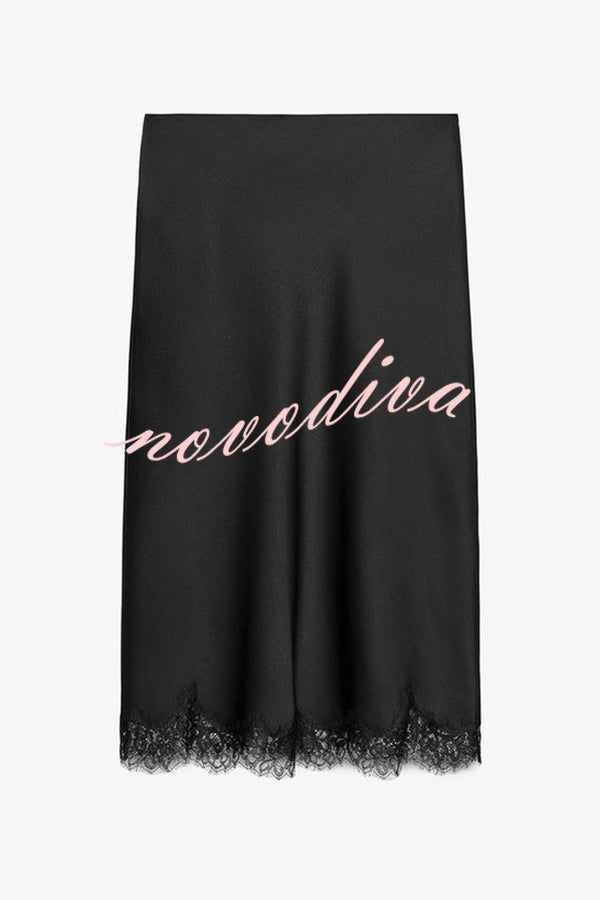 Dolly Satin Lace Trim Mid Rise Slit Drape Midi Skirt