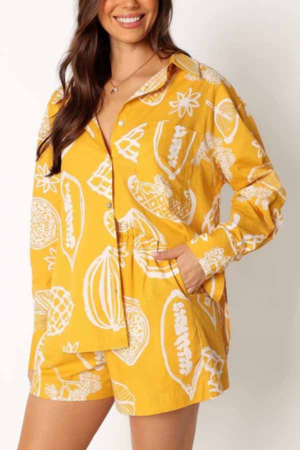 Parkside Pretty Tropical Fruit Print Loose Shirt and Elastic Waist Pocketed Shorts Set