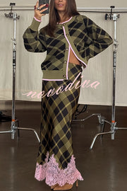 Holiday Plaid Knit Color-blocked Trim Button Long-sleeved Loose Cardigan